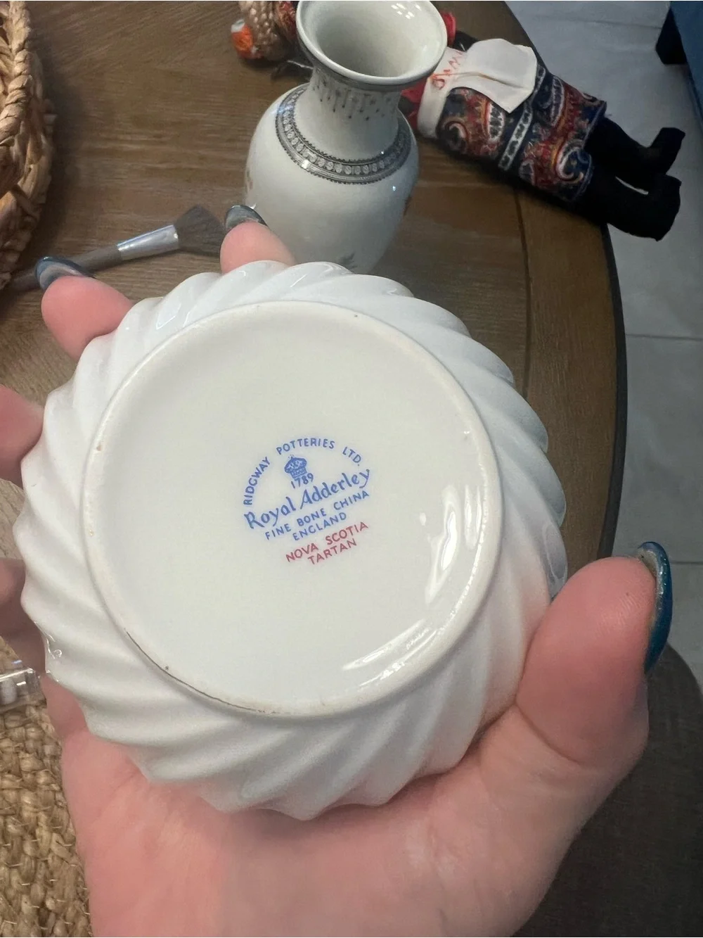 Royal Adderley Porcelain Saucer with Blue Tartan Ribbon and Gold Trim
